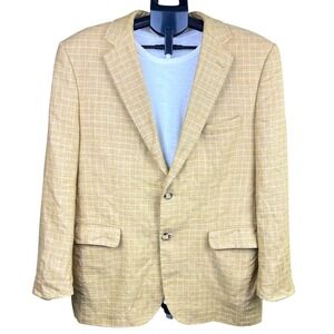 Jos A Bank Blazer Jacket •‎ Men's 42R Tan Plaid Linen Cotton Coat • Burke 730